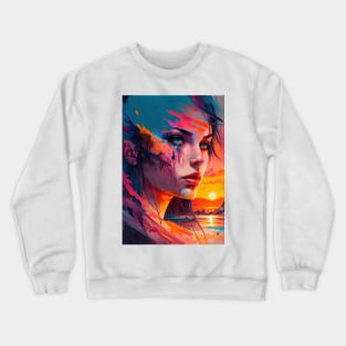 Beautiful Girl Abstract Art with Setting Sun Crewneck Sweatshirt